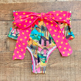 Mojito Tropical Cityscape with Polka Dot Belt Bikini Bottoms- Size S (see notes, we have matching top)
