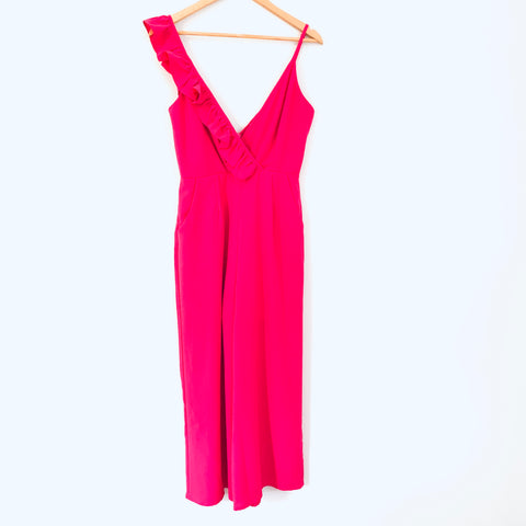 Main Strip Pink Ruffle Cropped Jumpsuit with Shorts Lining- Size S