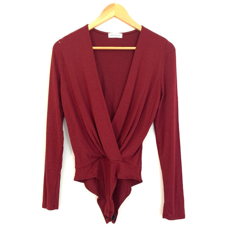 Vestique Maroon Wrap Deep V Bodysuit with Long Sleeves- Size S