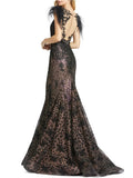 Mac Duggal Black High Neck Feather Embellished Cap Sleeve Mermaid Gown NWT- Size 4