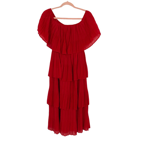 Just Me Red Off the Shoulder Chiffon Tiered Dress- Size S