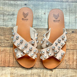 Beast Fashion Nude Studded Cross Strap Slide Sandals- Size 7