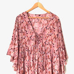 No Brand Pink Floral Lace Up V Neck 3/4 Sleeve Dress- Size S