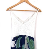Blooming Jelly Navy Palm Print Dress with White Lace Bodice- Size L