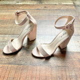 Qupid Tan Open Toe Ankle Strap Block Heels- Size ~7 (see notes)