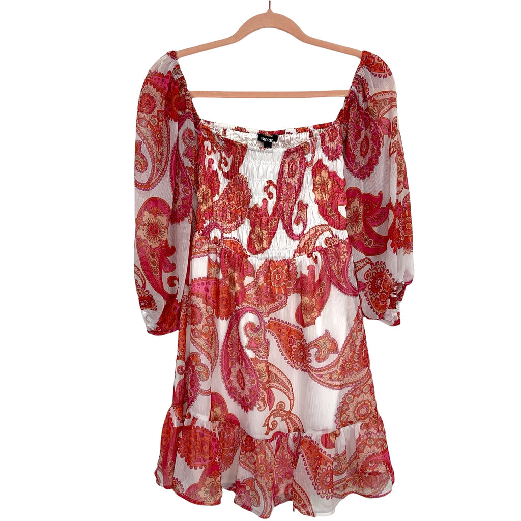 strapless open back dress Express White White/Pink/Orange Paisley Print Off the Should Dress NWT –  The Saved Collection