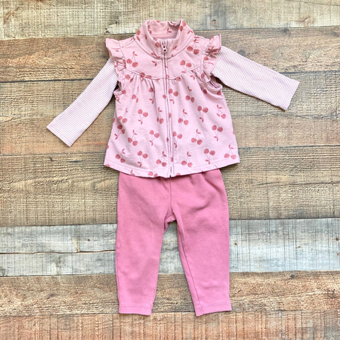 Child of Mine Pink Cherries Vest with Striped Onesie and Pant Set- Size 12M (sold as set)