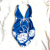 No Brand Blue with White Palm Leaf Print One Piece- Size S (see notes)