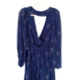 Eliza J Navy Silver Beaded V-Neck Sheer Balloon Sleeve Exposed Back Maxi Dress NWT- Size 14