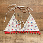 Tularosa Red/White/Blue Star Print Mesh Pom Pom Trim Bikini Top- Size S (sold out online, we have matching bottoms)