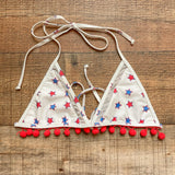 Tularosa Red/White/Blue Star Print Mesh Pom Pom Trim Bikini Top- Size S (sold out online, we have matching bottoms)
