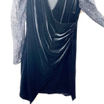 Amaryllis Black Velvet Faux Wrap Side Ruching Polka Dot Sheer Long Sleeve Dress- Size XL