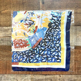 No Brand Blue/Yellow/Brown Floral/Leaf Pattern with Navy/Brown/Yellow Trim Faux Silk Scarf (New in Bag)