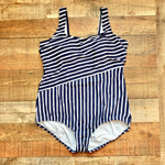 Lands End Deep Sea/White Media Stripe Scoop Neck One Piece- Size 18