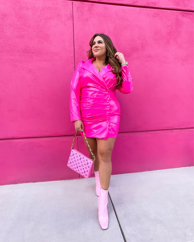 Patrick Starrr Hot Pink Faux Leather Make 'Em Shook Blazer Dress- Size The Saved Collection Patrick Starrr Hot Pink Faux Leather Make 'Em Shook Blazer Dress- Size The Saved Collection