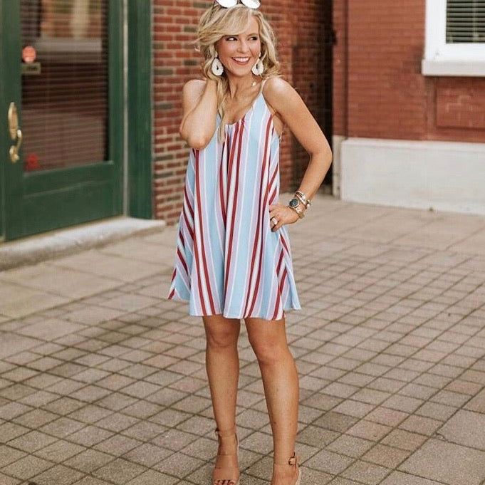 Buddy Love Blue/Red/Purple/White Striped Dress- Size S The Saved Collection Buddy Love Blue/Red/Purple/White Striped Dress- Size S The Saved Collection
