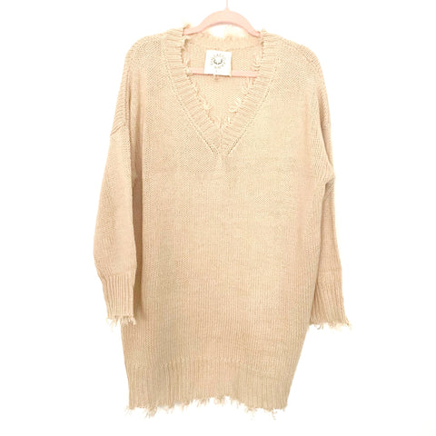 Fantastic Fawn Cream Distressed V-Neck Wool Blend Sweater Dress- Size S