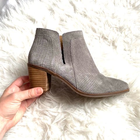 Lucky Grey Suede Side Cut Out Block Heel Booties- Size 9 (Like brand new!)