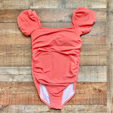 Pink Desert Peachberry Ribbed Puff Sleeve Tie Back Padded One Piece- Size XL (sold out online)