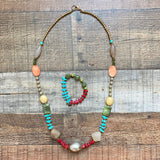 No Brand Chunky Beads with Turquoise and Red Rocks Bracelet and Long Necklace Set (sold as a set)