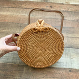 No Brand Round Rattan Leather Strap Bow Closure Crossbody Bag NWT