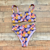 Aerie Navy with Purple/Yellow/Pink Floral Padded Bikini Top- Size L (we have matching bottoms)