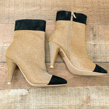 Mackin J Gold Glitter Black Toe And Ankle Side Zip Booties- Size 7 Like New