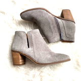 Lucky Grey Suede Side Cut Out Block Heel Booties- Size 9 (Like brand new!)