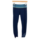 Lululemon Navy Leggings with Striped Waistband and Cinched Hem- Size 4 (Inseam 24”)
