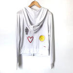 Peace Love World White Zip-up Hoodie with Badges- Size S