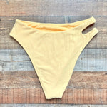 Abercrombie & Fitch Yellow Ribbed Terry Cloth Cut Out High Waisted Cheeky Bikini Bottoms- Size XL (sold out online, we have matching top and skirt cover up)