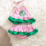 Smocked Auctions Ruffle Two Piece Bathing Suit Monogrammed mMf- Size 12mo