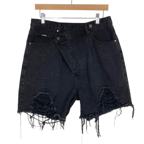 Insane Gene Black Distressed with Crossover Button Closure High Rise Mom Jean Shorts- Size L