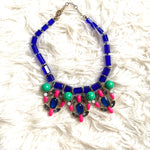 J Crew Blue Beaded Necklace with Pink/Green/Rhinestone Pendants