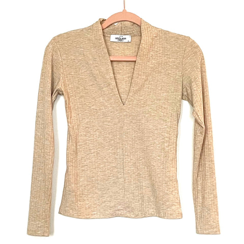 Carly Jean V-Neck Tan Long Sleeve Top- Size S