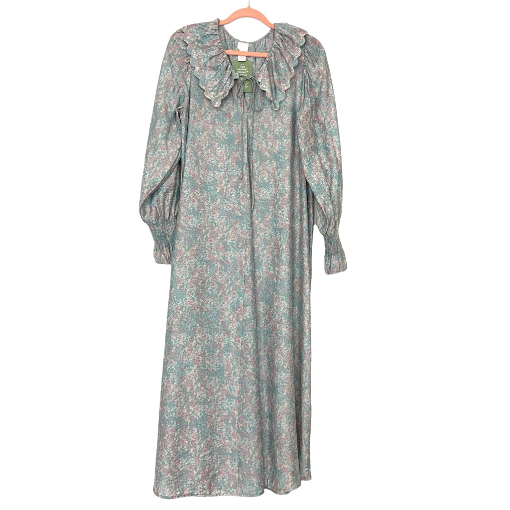 H&M Blue/Pink Floral Ruffle Neck Long Sleeve Smocked Cuff Dress NWT- S The Saved Collection H&M Blue/Pink Floral Ruffle Neck Long Sleeve Smocked Cuff Dress NWT- S The Saved Collection