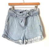 Express Shortie Light Wash Extreme High Rise Denim Shorts- Size 2