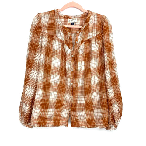 Universal Thread White/Orange Plaid Button Up Top- Size L