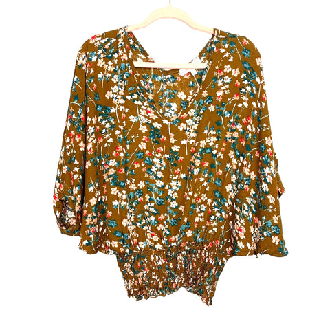 Hailey & Co Brown Floral Smocked Waist Batwing Sleeve Blouse- Size S