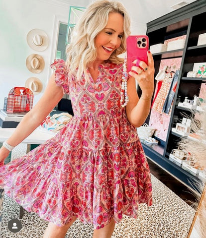 Olivaceous Pink Floral Pattern Ruffle Sleeve Tiered Laurel Dress NWT- Size S (sold out online)