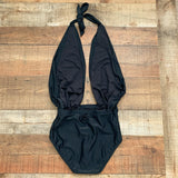 Sara Swim Black Halter Tie Deep Plunge Open Back One Piece- Size M