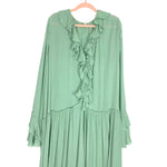 Free People Mint Button Up Ruffle Maxi Dress with Drawstring Sleeves- Size L