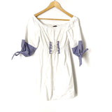 A. Calin White Corset Off the Shoulder Dress with Blue Bubble Sleeves- Size S
