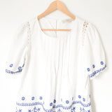 LOFT White Blouse with Blue Embroidered Detail- Size XS