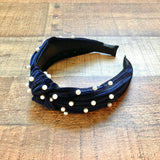 No Brand Navy Ribbed Velvet with Pearls Knot Headband