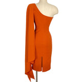Mossman Orange One Padded Shoulder with Side Split Cape Moving On Up Dress NWT- Size 2