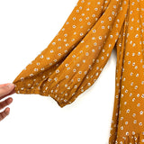 Dress Forum Mustard Floral Print Puff Sleeve Ruffle Bottom Loop Closure Back NWT- Size L