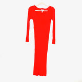 Leith Red Ribbed V-Neck Bodycon Sweater Dress with Side Slit- Size M