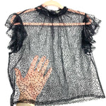 Sans Souci Black Sheer Sequin Mock Neck Ruffle Sleeve Top- Size L