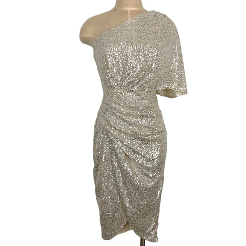 The Impeccable Pig Silver Sequins One Shoulder Dress- Size M